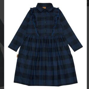 Hebe Girls Dress with blue checks Plaid and ruffle 100% Cotton